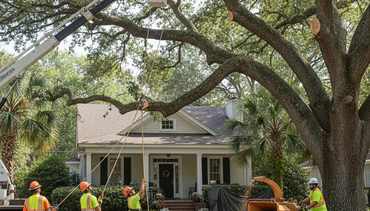 Professional crew performing safe residential tree removal in Baton Rouge LA with bucket truck and chainsaws