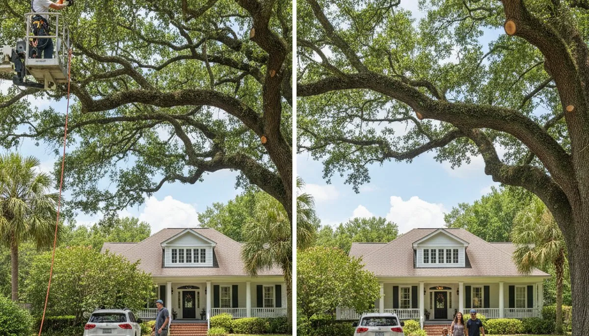 Arborist performing canopy lifting for improved clearance and tree health in Baton Rouge, Louisiana
