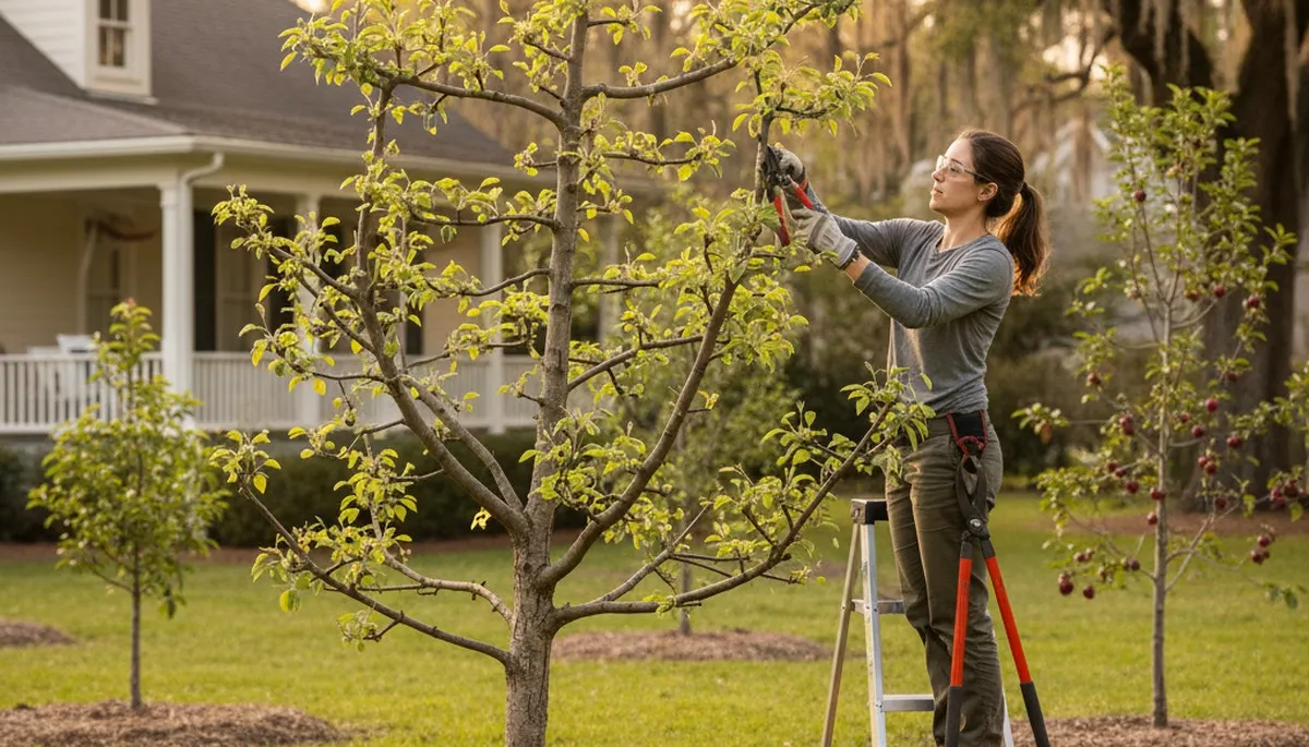 Arborist pruning fruit tree in Baton Rouge LA backyard orchard for healthy growth and productive harvest