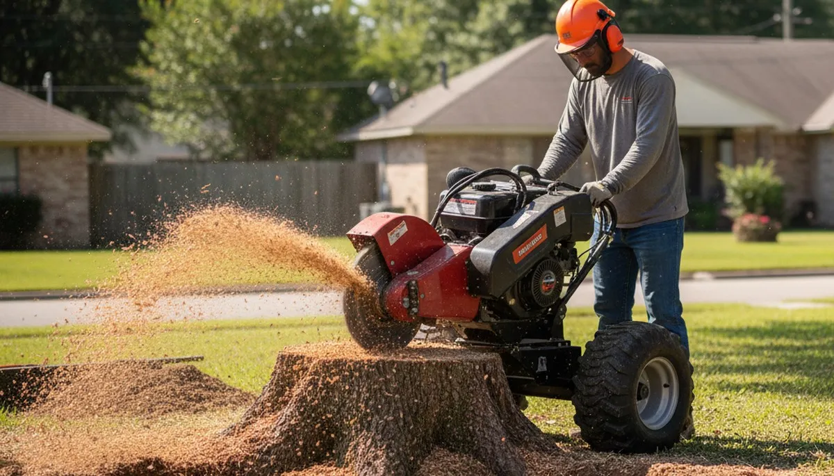 Professional stump grinding removing tree stumps in Brusly, Baton Rouge, LA for smooth lawn restoration
