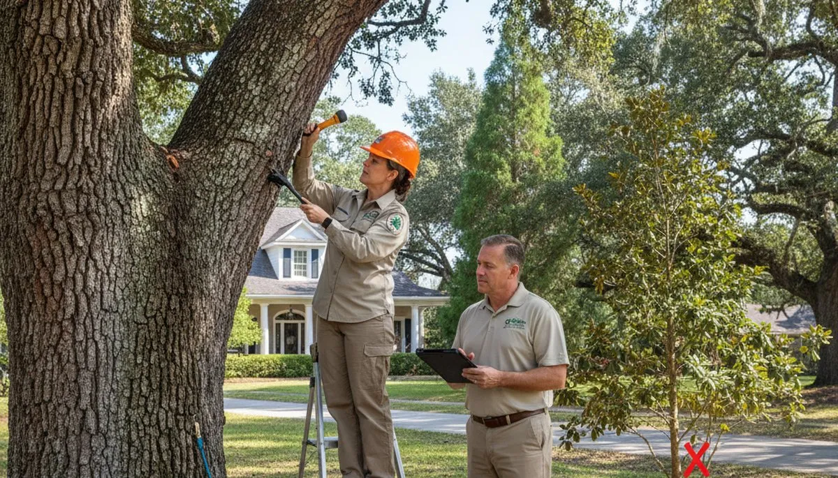 Certified arborist performing tree health assessment in Saint Gabriel, Baton Rouge, LA