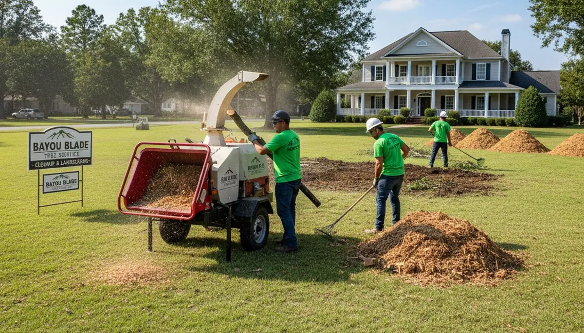 Professional tree removal cleanup and yard restoration in Baton Rouge, LA with crew and wood chipper