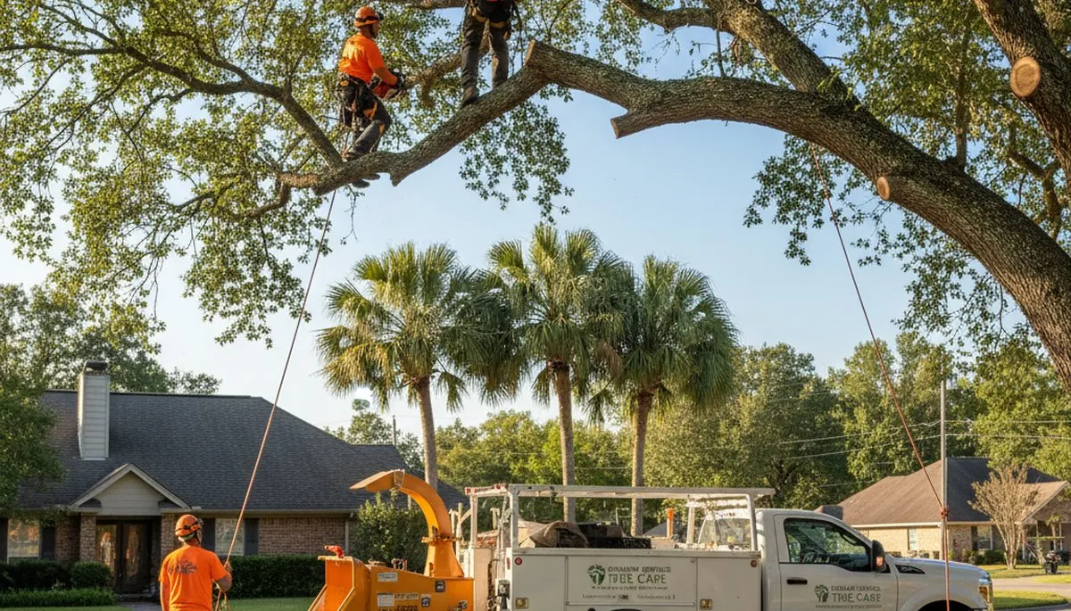 Professional tree removal service in Baton Rouge, LA safely cutting and hauling large oak tree