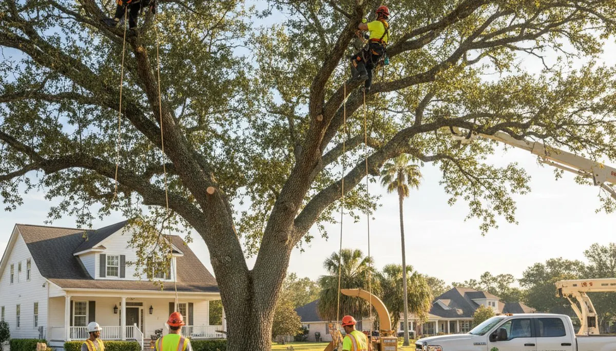 Professional tree removal service in Baton Rouge LA safely cutting large oak tree