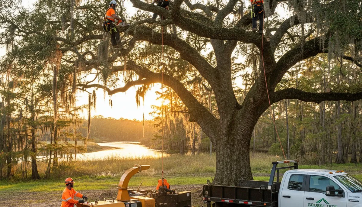 Professional tree removal service in Baton Rouge, LA safely cutting large oak tree