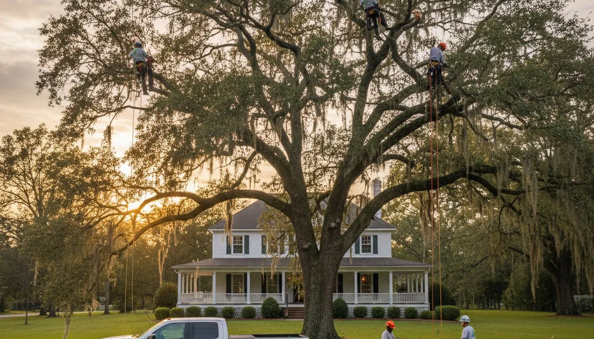 Professional tree removal service crew in Baton Rouge LA safely clearing residential oak trees