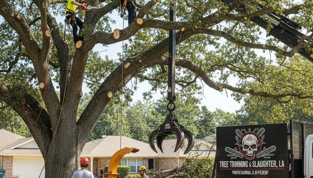 Professional tree removal service in Baton Rouge, LA safely clearing large oak trees